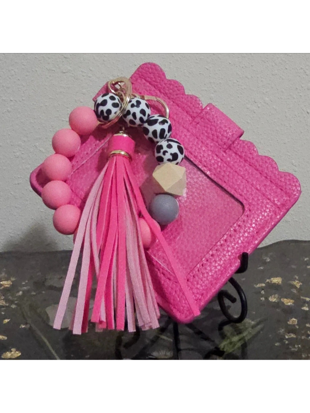 Hot Pink Leopard Beaded Wristlet Card Holder